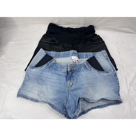 Isabel Maternity Midi Jean Shorts Size 14 Blue & Black Elastic Waist Lot Of 2 - Picture 1 of 8